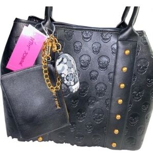 Betsey Johnson Embossed Skull Studded Black Large Tote Bag w/ Skull Charm BM3053